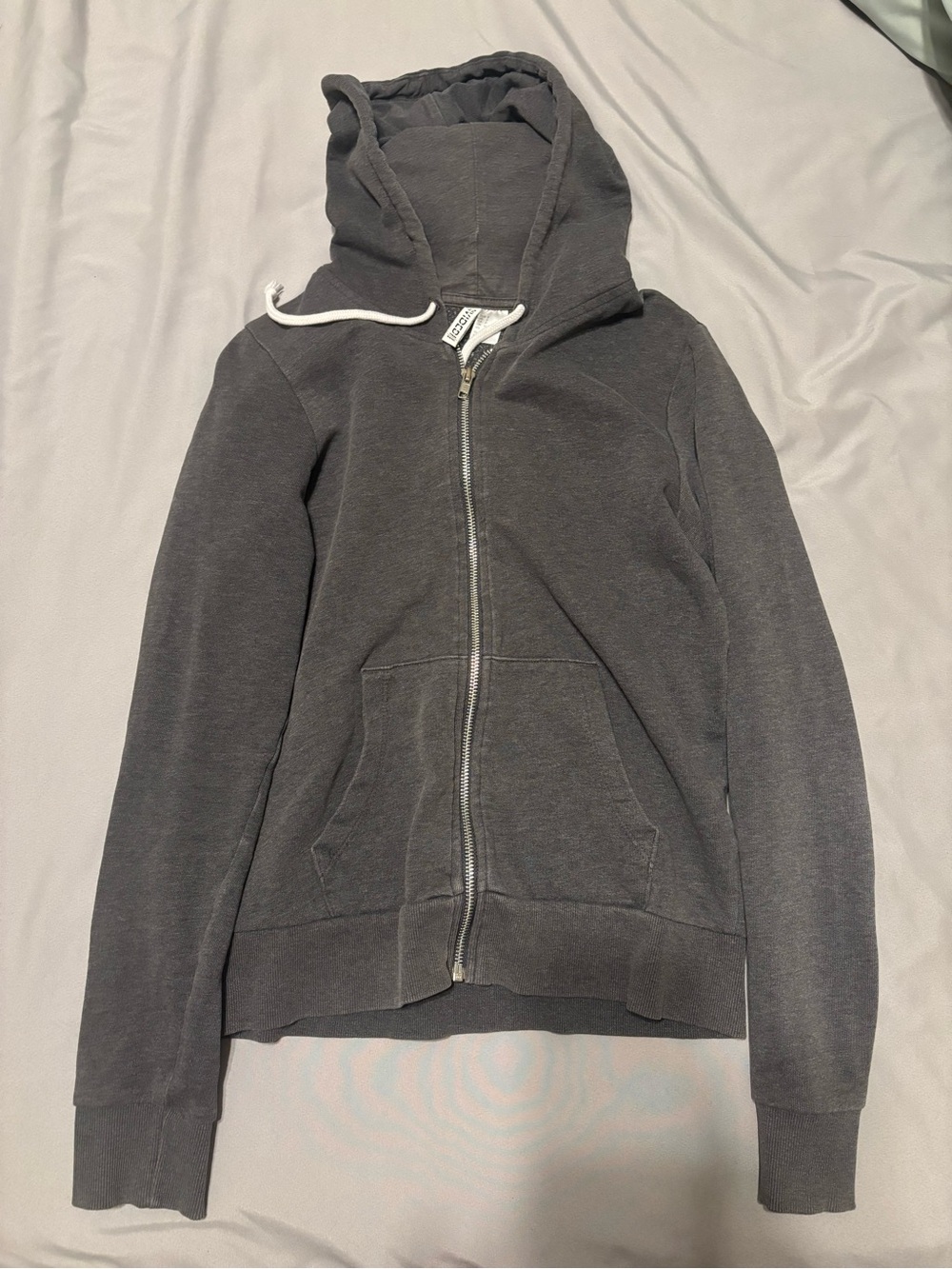 Men's grey zip-up hoodie with drawstrings